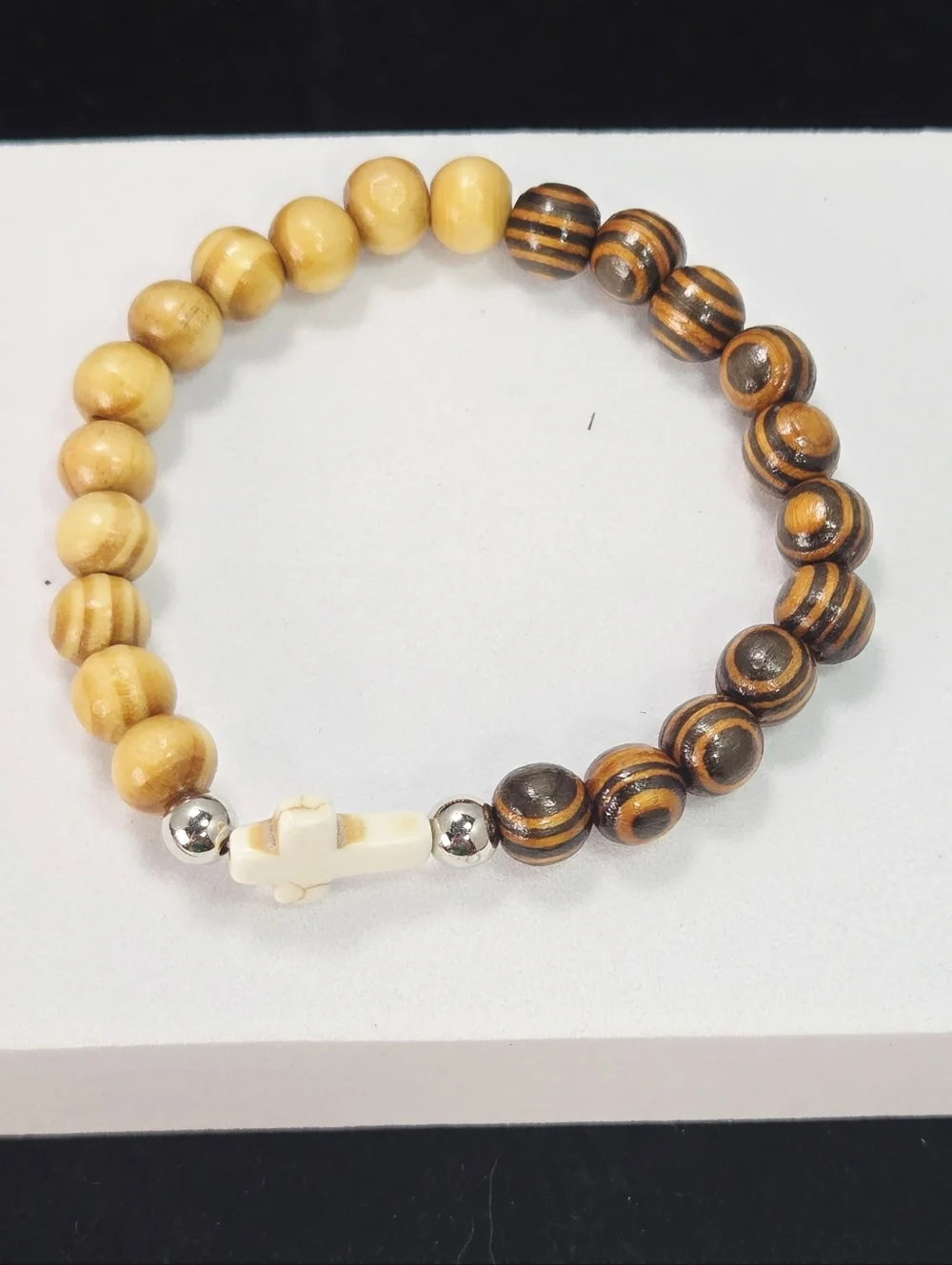 Cross Bead Bracelet Wood Beads Faith Bracelet Stretch Christian Jewelry Unisex
